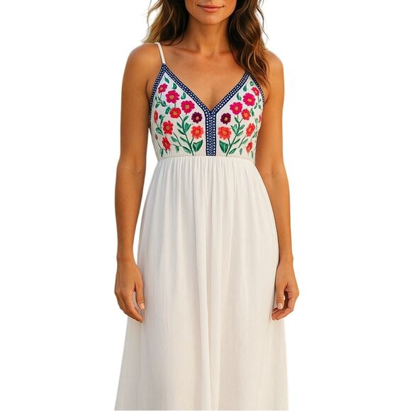 Boho Maxi Dress XL | Embroidered Look Open Back Festival Sundress White Floral - Picture 1 of 11